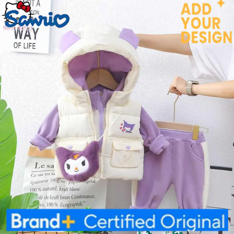 Sanrio Kuromi Girl Clothing Kawaii Warm Jacket Vest Pants Set Cartoon Anime Autumn and Winter 3Pcs Set Childrens Thickened Tops H251223-image-1089512451