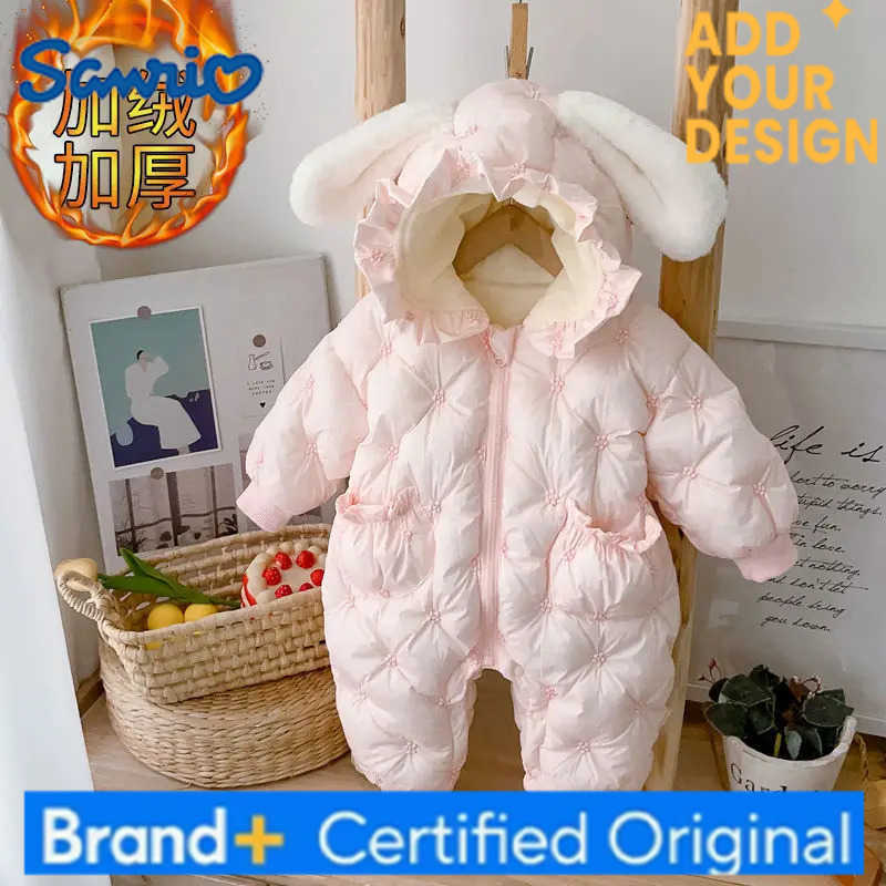 Sanrio Cute Long Ears Hooded Overalls Baby Girls Romper Jumpsuits Winter Thicken Warm Onesie Cartoon Bodysuit Soft Kids Clothes H251223-image-1089510393