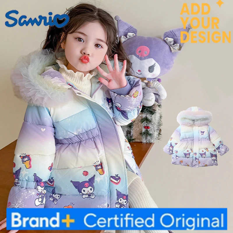 Sanrio Anime Kuromi Girl Plush Outerwear Winter Children Cotton-Padded Jacket Thick Warm Princess Coat Zipper Hooded Parka Sweet Tops H251223-image-1089507739