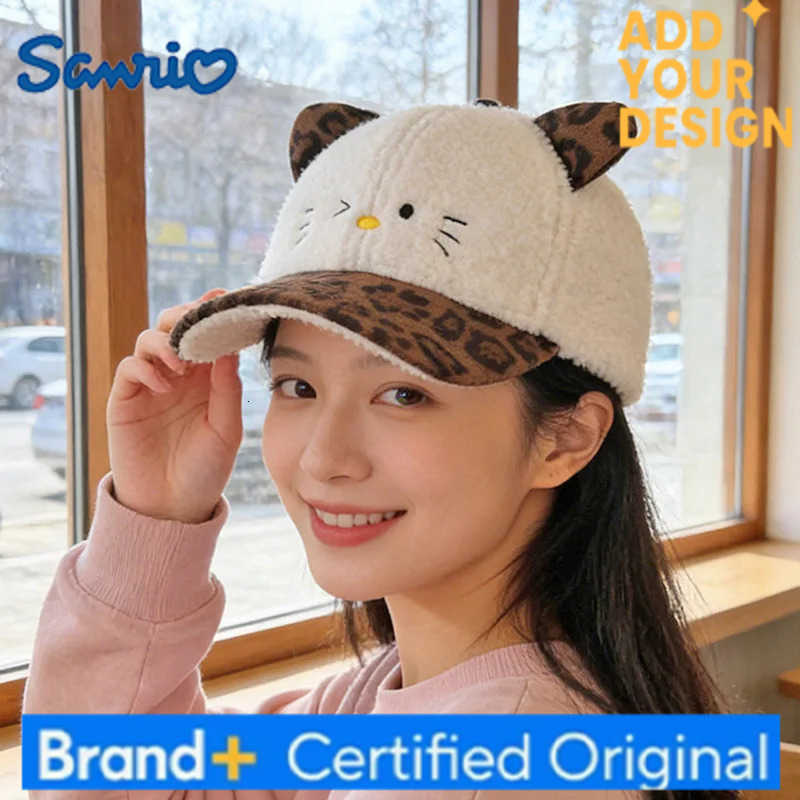 Sanrio femmes automne hiver oreilles de chat mignon casquette de Baseball fausse laine d'agneau imprimé léopard bord broderie chapeau chaud 58-60