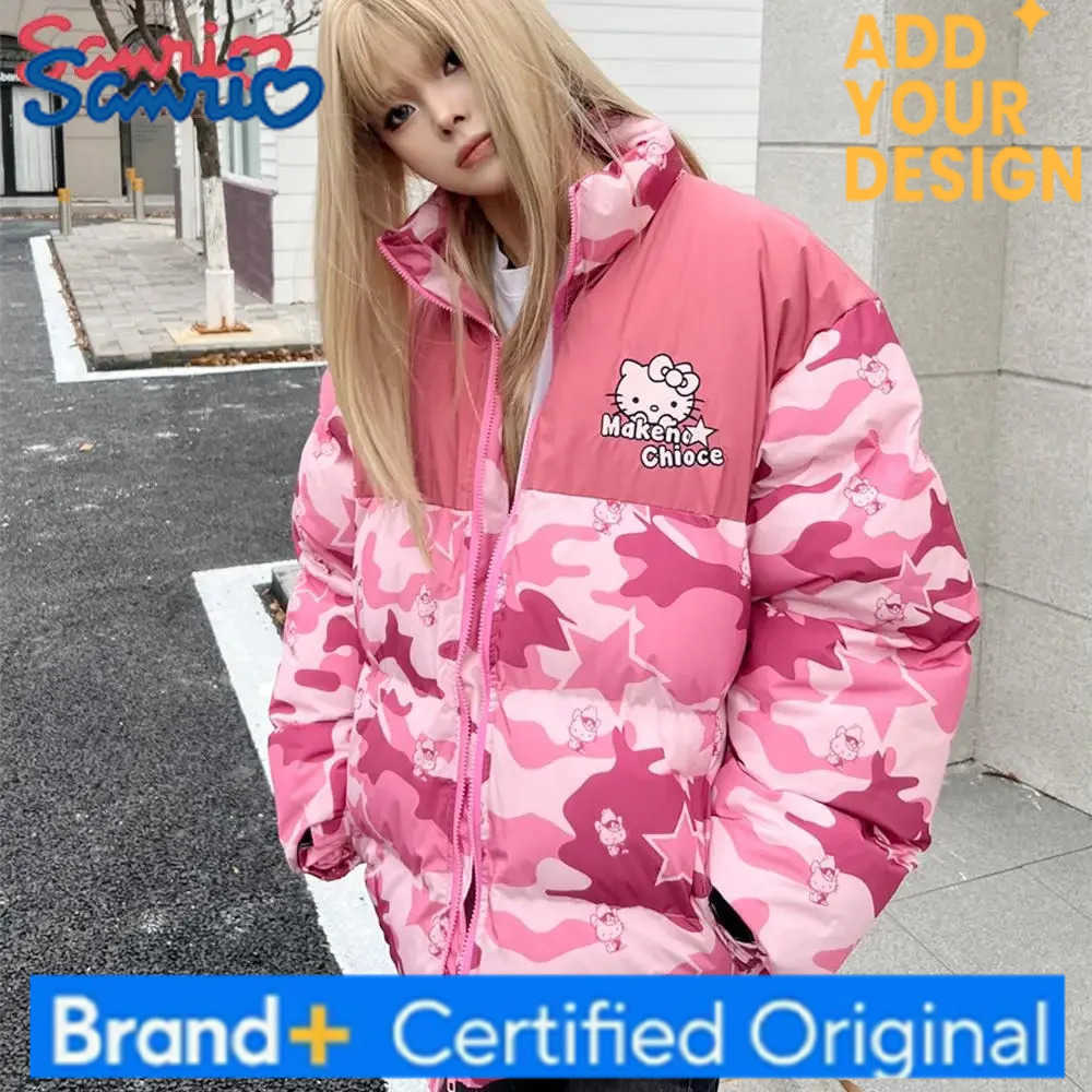 Sanrio Sanrios Hello Kittys Down Jacket Y2K Womens Camouflage Print Hooded Jacket Winter Girls Zipper Jacket Thickened Warm Cotton Coat H251223-image-1089513848