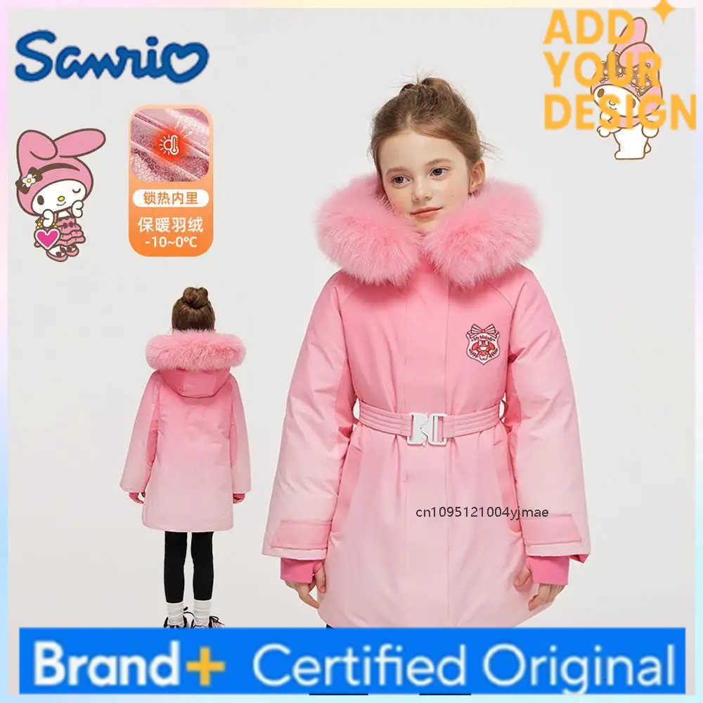 Sanrio Anime Sanrios My Melody Girls Down Clothes Winter Kuromi Fashion Long Fur Hooded Cotton Padded Jacket Warm Slimwaist Outerwear H251223-image-1089514720