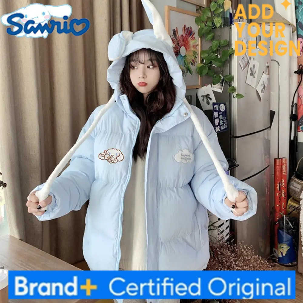 Sanrio Sanrioed Cinnamoroll Down Jacket Ears Can Move Cartoon Kawaii Anime Winter Student Thickened Women Hooded Cotton Coat Loose Coat H251223-image-1089510800