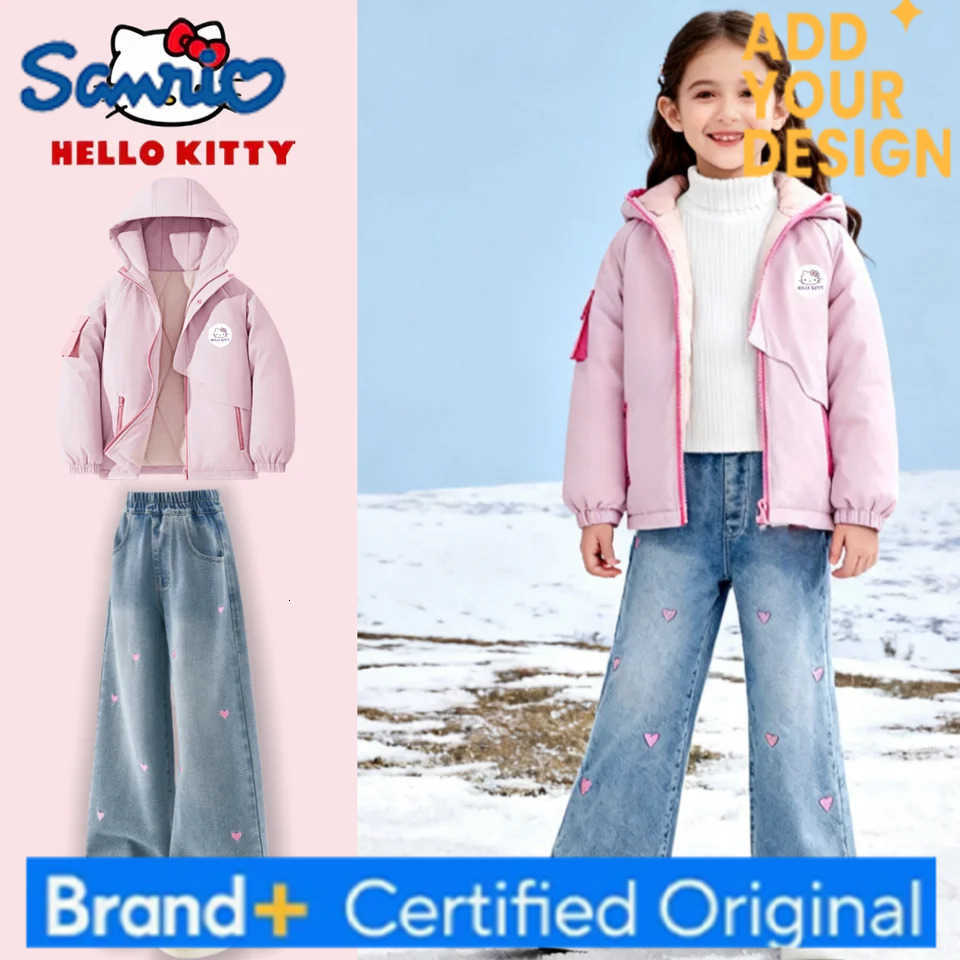 Sanrio Hello Kitty Kids Windproof Cotton-padded Jacket Girl Pink Cold-resistant Thickened Hooded Jacket Winter Warm-keeping Windbreaker H251223-image-1089513488