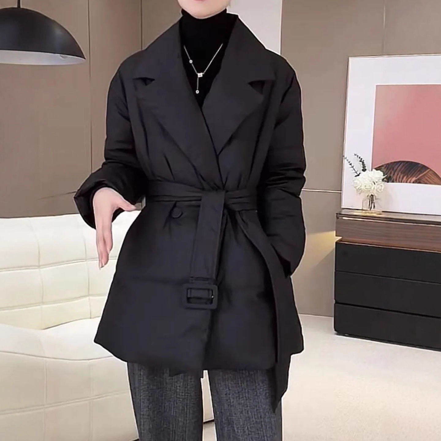 2025 Winter Korean Style WaistCinching Slimming MidLength Cotton Coat Plus Size Womens Solid Color Cotton Jacket 230107