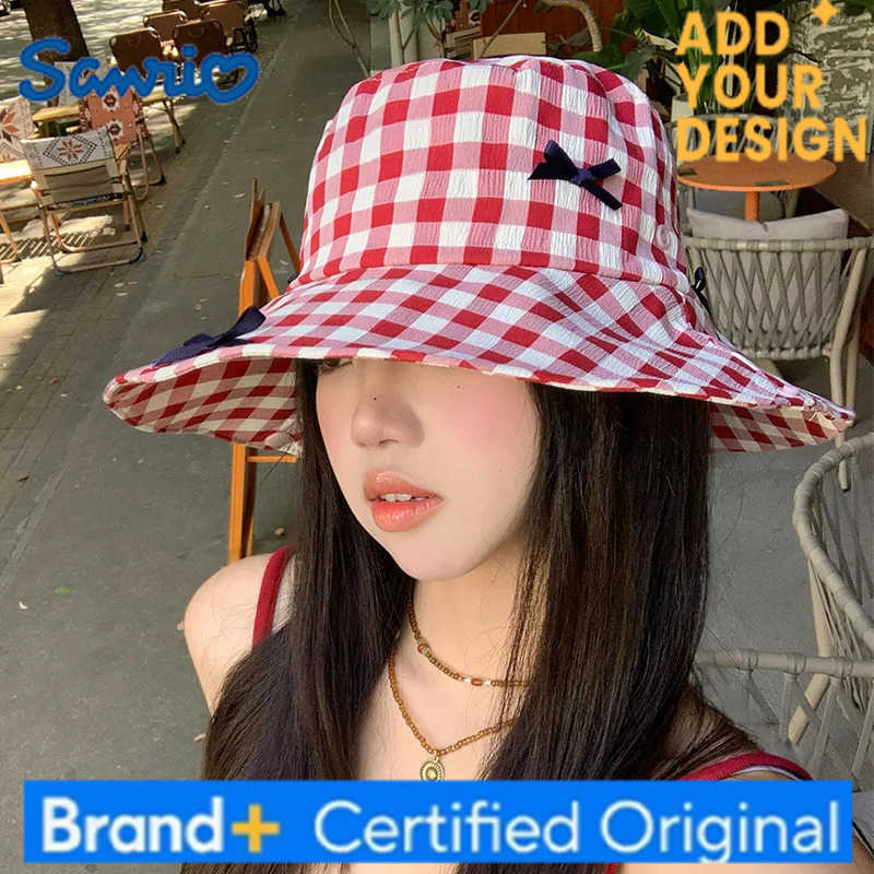 Sanrio version coréenne de Sweet Bow Plaid seau chapeau femmes été mince grand bord extérieur ombrage vacances pliable casquette de soleil H25122