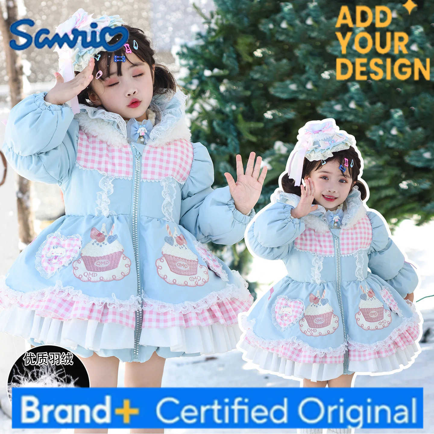 Sanrio Anime Cinnamoroll Girl Lolita Long Down Jacket Dress Winter Thick Coat Bow Decoration Tops Sweet Snowsuit Festival Gift H251223-image-1089508388