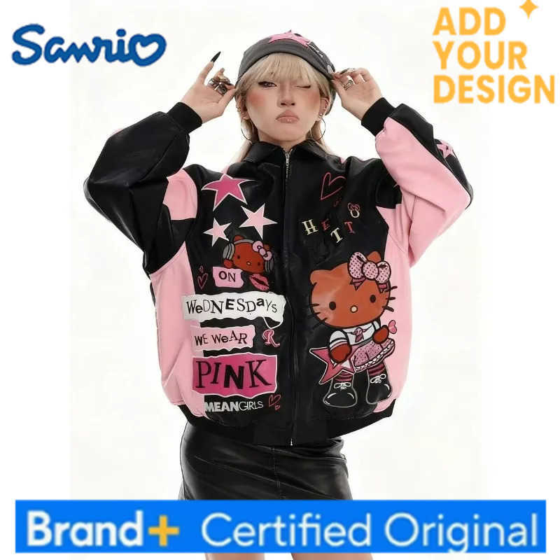 Sanrio Hello Kitty Cartoon Embroidered Jacket Baseball Jacket girl Fall Winter Style Biker Jacket Retro Color Block Casual Wear H251223-image-1089514100