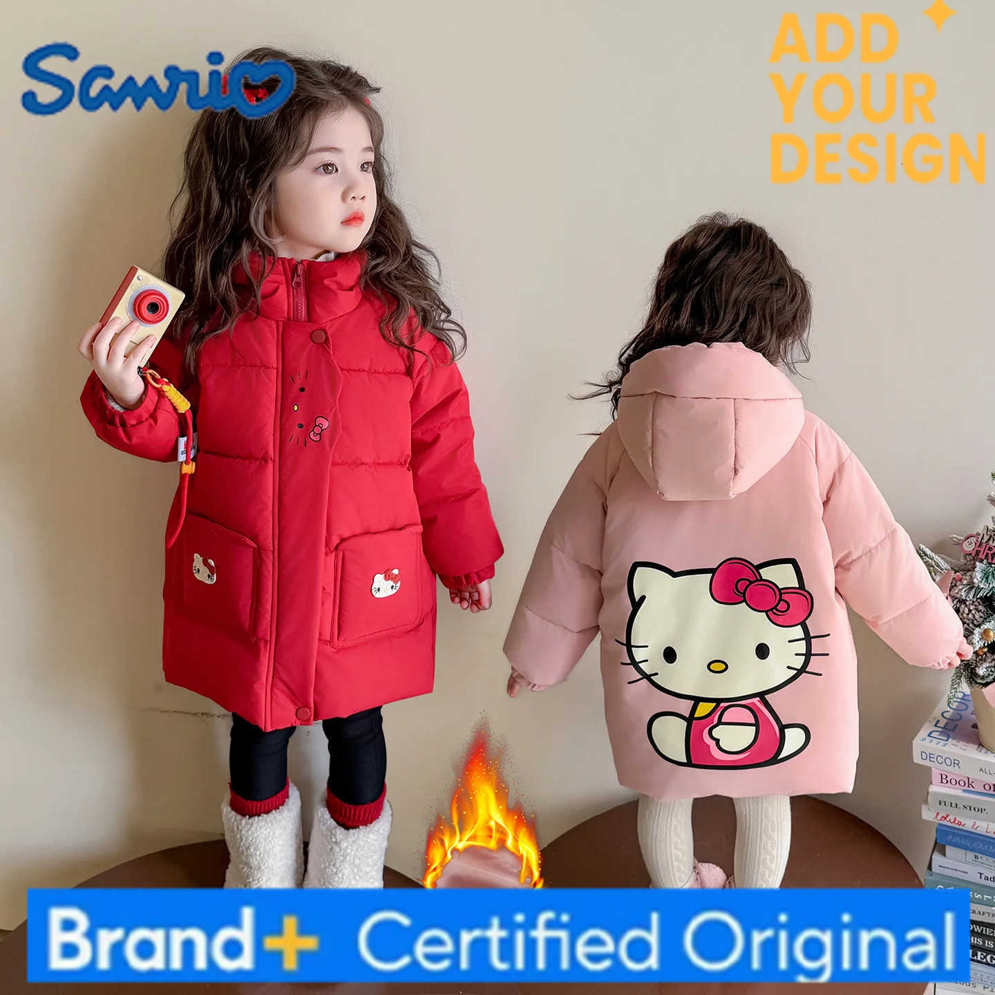 Sanrio Hello Kitty Winter Girls Cartoon Thick Warm Cotton Jacket Girl Baby Anime Sweet Cute Fashionable Medium length Cotton Coat H251223-image-1089511983