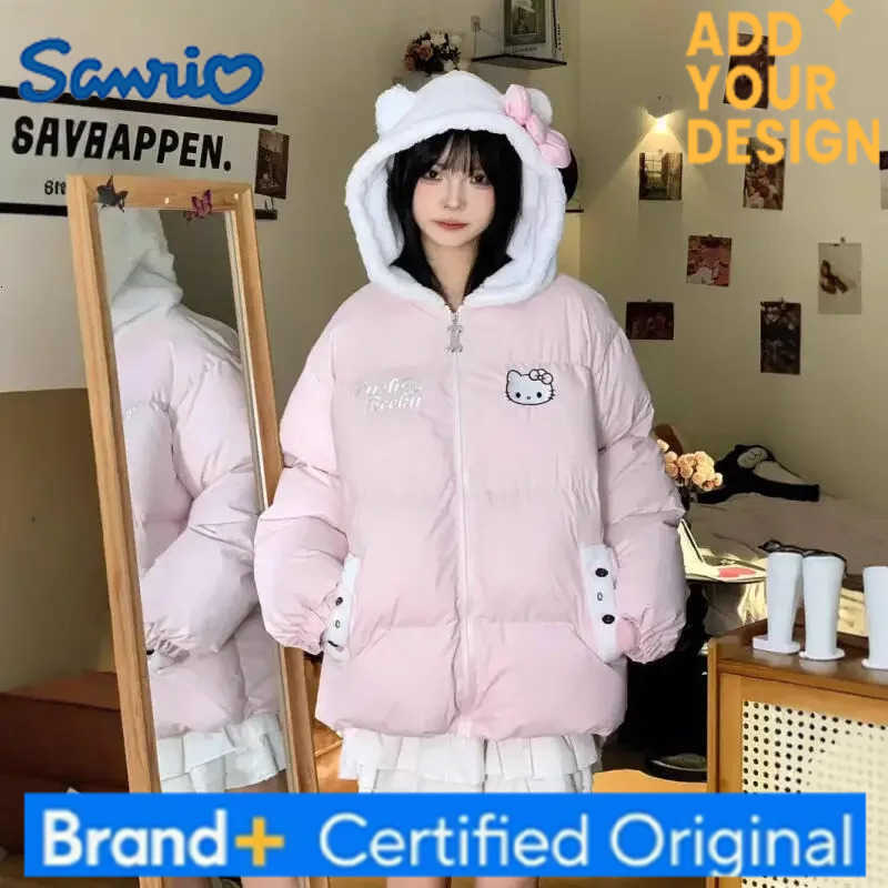 Sanrio Anime Hello Kitty Winter New Pink Sweet Wind Womens Embroidered Plush Hooded Cotton Jacket Comfortable and Warm Student Coat H251223-image-1089512923