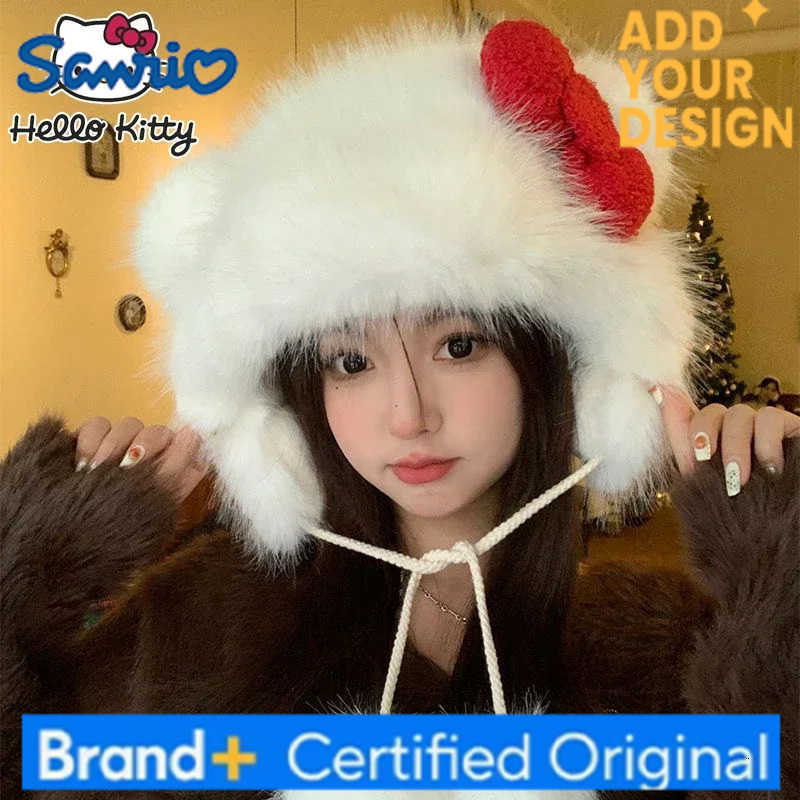 Sanrio Hello Kitty 2025 New Korean Style Bow Hat Winter Beanie Fleece Lined Soft Warm Ears Design Cute Animal Hat Women Girls Gift H251223