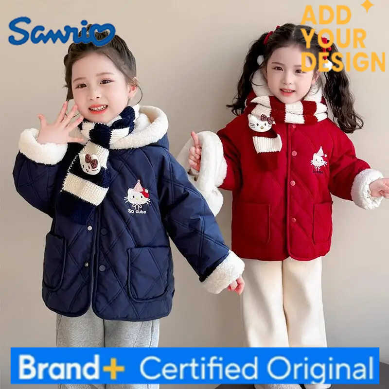 Sanrio Hello Kitty Winter Cotton-Padded Jacket Girl Thicken Tops Scarf Child Kawaii Anime Cartoon Fashion New Casual Clothing H251223-image-1089510046