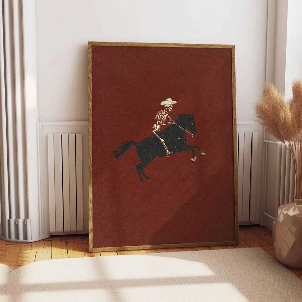 Skeleton Cowboy Illustration Bucking Bronco Print Gothic Wall Decor Horse Poster Quirky Art Western Poster Retro Rodeo Art Cowgi Y251223-image-1089386930