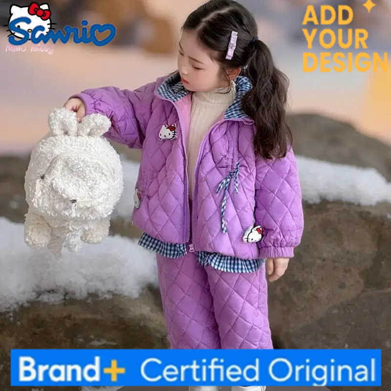 Sanrio New Hello Kitty Girls Kawaii Warm Hooded Cotton Coat Pants Suit Anime Winter Cotton Coat Cartoon Thickened Two Piece Set H251223-image-1089510101