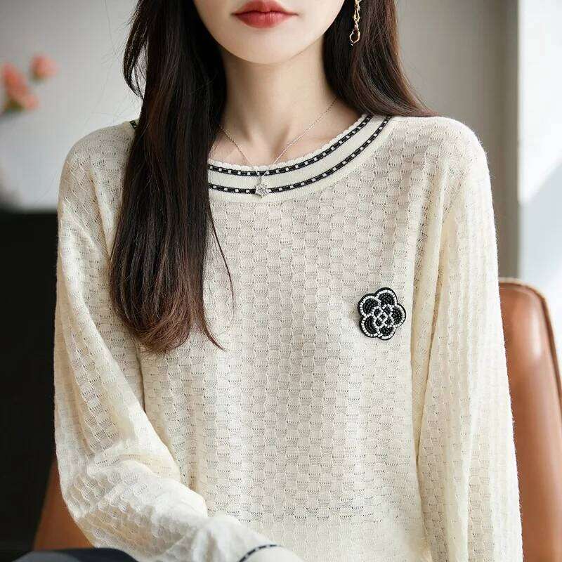 New DesignElegant Korean Round Neck Long Sleeve Knitted Sweater Women 's Base Layer Autumn Winter New Style Color Block Fashionabl...