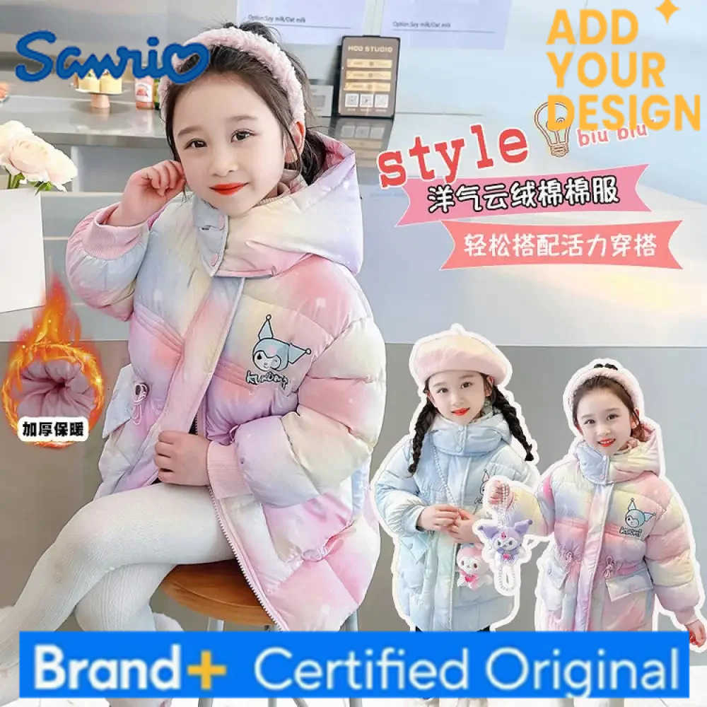 Sanrio Kawaii Anime Girls Thicken Cotton Padded Jacket Cartoon Girls Winter Cotton Coat Cute Colorful Child Medium Length Warm Tops H251223-image-1089512387