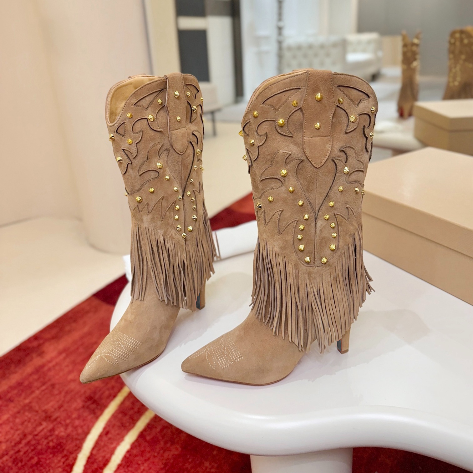 Santia Fringe Tassel Ankle Boots Luxury designer women embroidery western boot Slip on pointed toe suede booties Fashion fall winter ladies rivets b