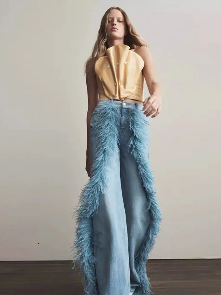 Feather Womens Pants Wide Leg Long Denim High Waist Regular Casual Female Jeans Loose Spring Woman Baggy Basic Trousers 251218