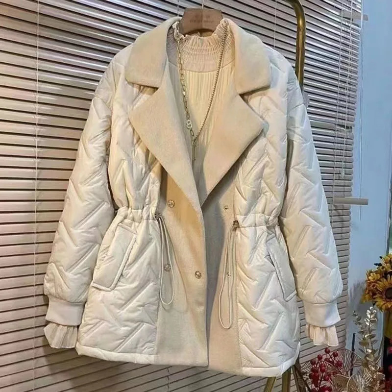 Winter Long Parkas Women Down Cotton Jacket Large Lapel Elastic Waist Snow Outwear Fashion Warm Waterproof Patchwork Coat 251219BJ