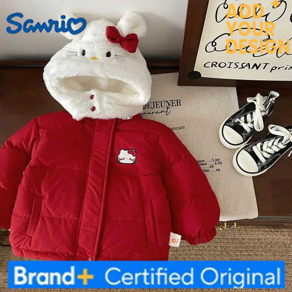 Sanrio Trendy Korean Version of Girls Hooded Zipper Thickened Warm Jacket New Cartoon Red Cotton Coat New Years Wear Cute Bow Fur Hat H251223-image-1089510874