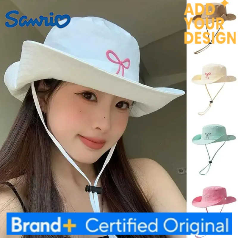 Sanrio Mode Bow Broderie Seau À Séchage Rapide Chapeau D'été Randonnée Camping Caps Large Bord Fordable Crème Solaire Y2K Chapeaux Fille Femmes H