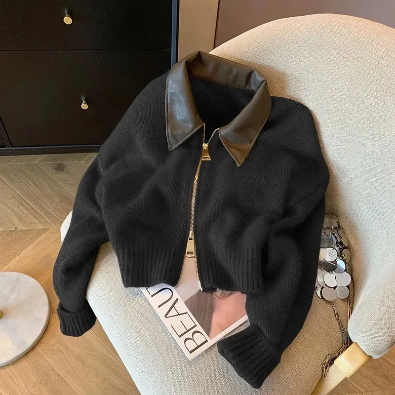 Spliced Leather Collar Knit Sweater Fashion Double Zipper Cardigan Womens Autumn Winter Soft Vintage Long Sleeve Streetwear Hip Hop Quality Sweater