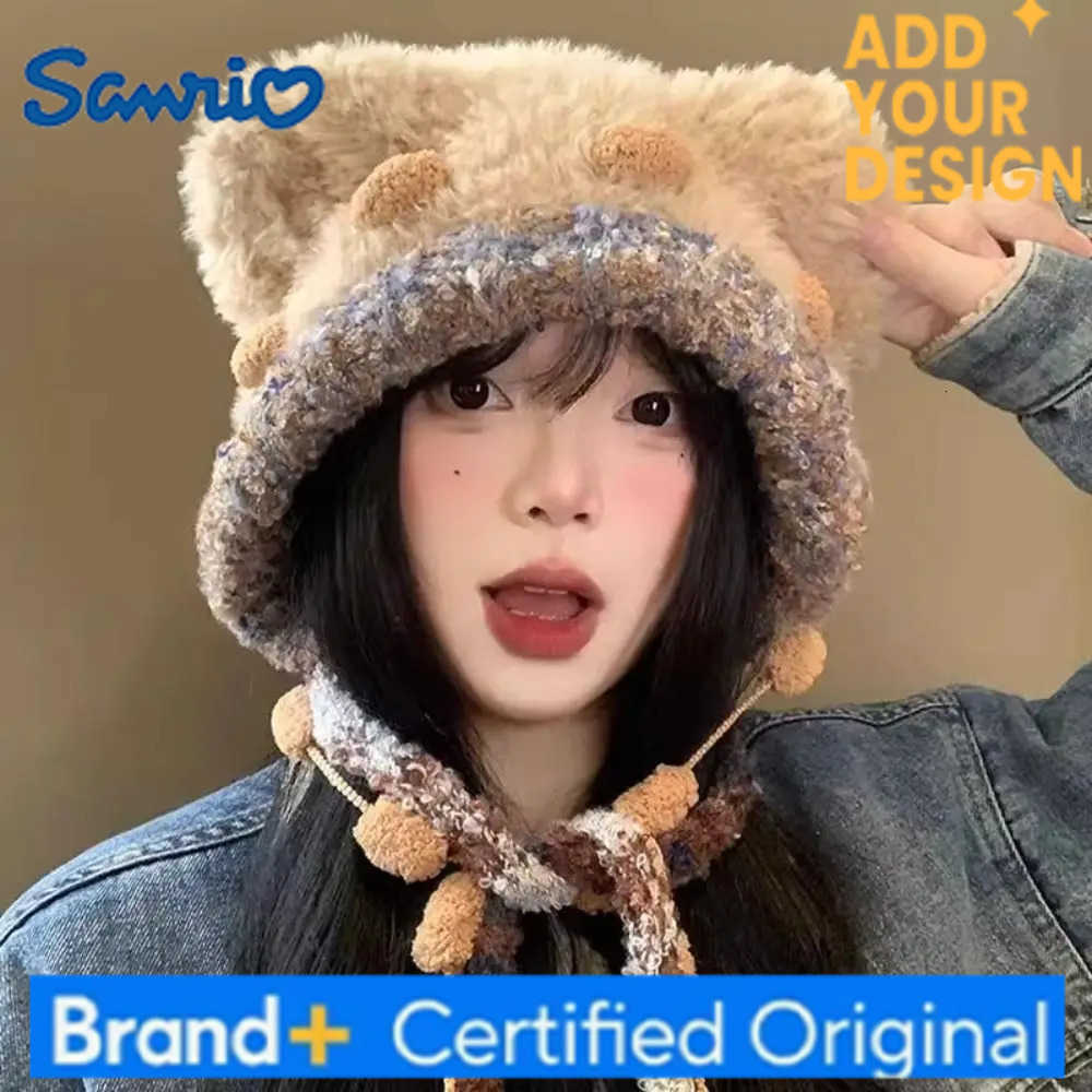 Sanrio Mode Dessin Animé Ours Oreille En Peluche Chapeau Moelleux Oreille Protection Hiver Chaud Chapeau Résistant Au Froid Épaissi Bonnets Cap H