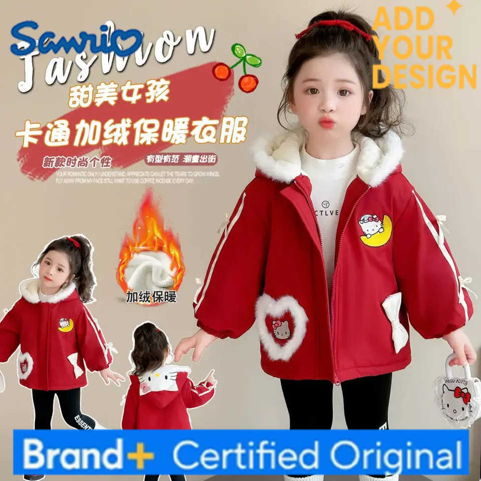 Sanrio Hello Kitty Girls Hooded Warm and Thickened Casual Jacket Western-Style Jacket Plus Velvet Winter Childrens Cartoon Top H251223-image-1089512954