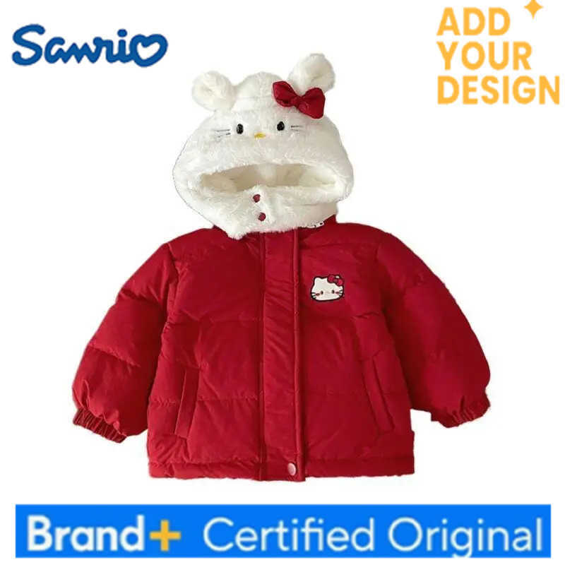 Sanrio Korean Version of Girls 2025 New Cartoon Cat Red Cotton Coat New Years Wear Butterfly Bow Furry Hat Thickened and Warm H251223-image-1089510226