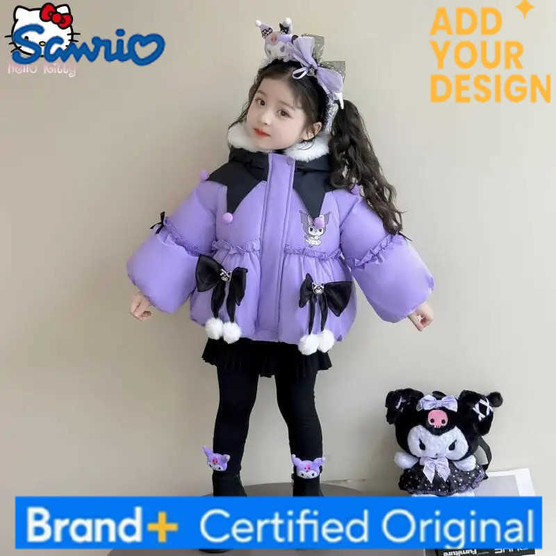 Sanrio Girls Cartoon Hooded Thickened Black Rice Bow Knot Cotton Coat Anime Autumn Winter New Kawaii Warm Cotton Jacket Fashion Jacket H251223-image-1089510447