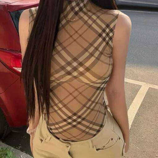 New DesignFrench Vintage Half High Collar Sleeveless Vest Women Summer New Style Slimming Plaid Top Fashionable Trendy Lady