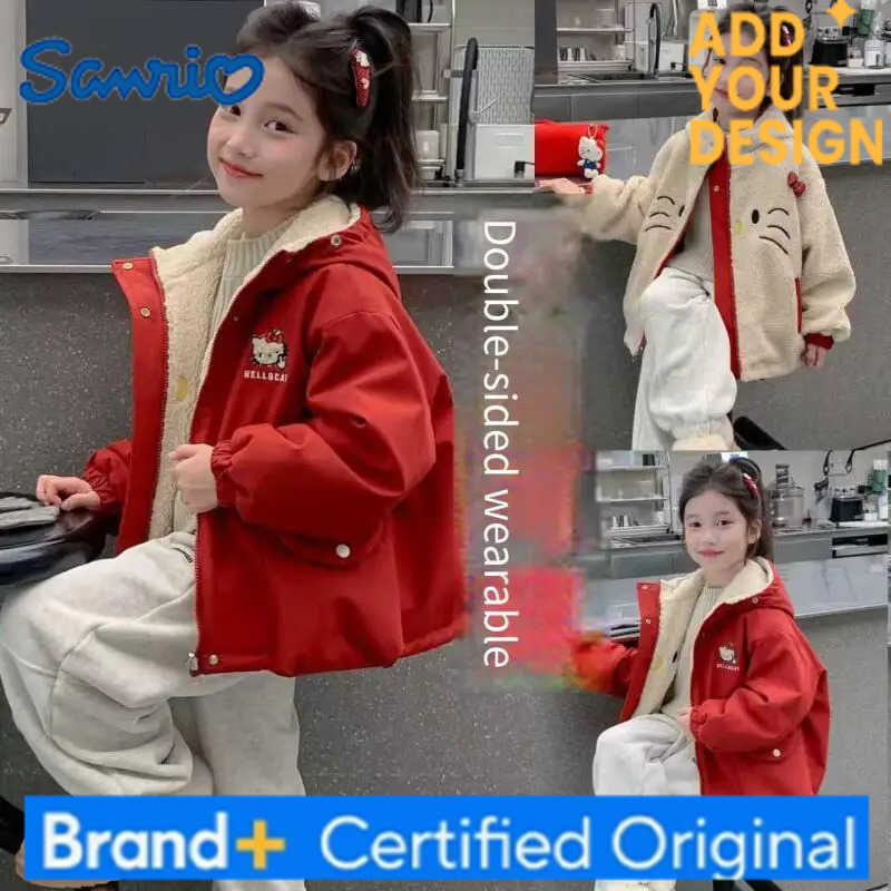 Sanrio Hello Kitty Girls Cartoon Velvet Coat Kids Kawaii Hooded Outdoor Jacket Warm Two-Sided Wearable Autumn/winter Clothes H251223-image-1089510838