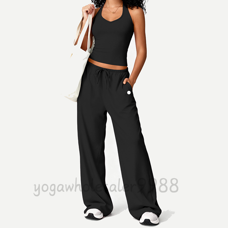 Women Yoga Set Vest Neck Hanging+Flared Pants Quick Drying Workout Sets Skin Friendly Breathable Sportwear Solid Color Gym Suit Tank Top Casual Pant