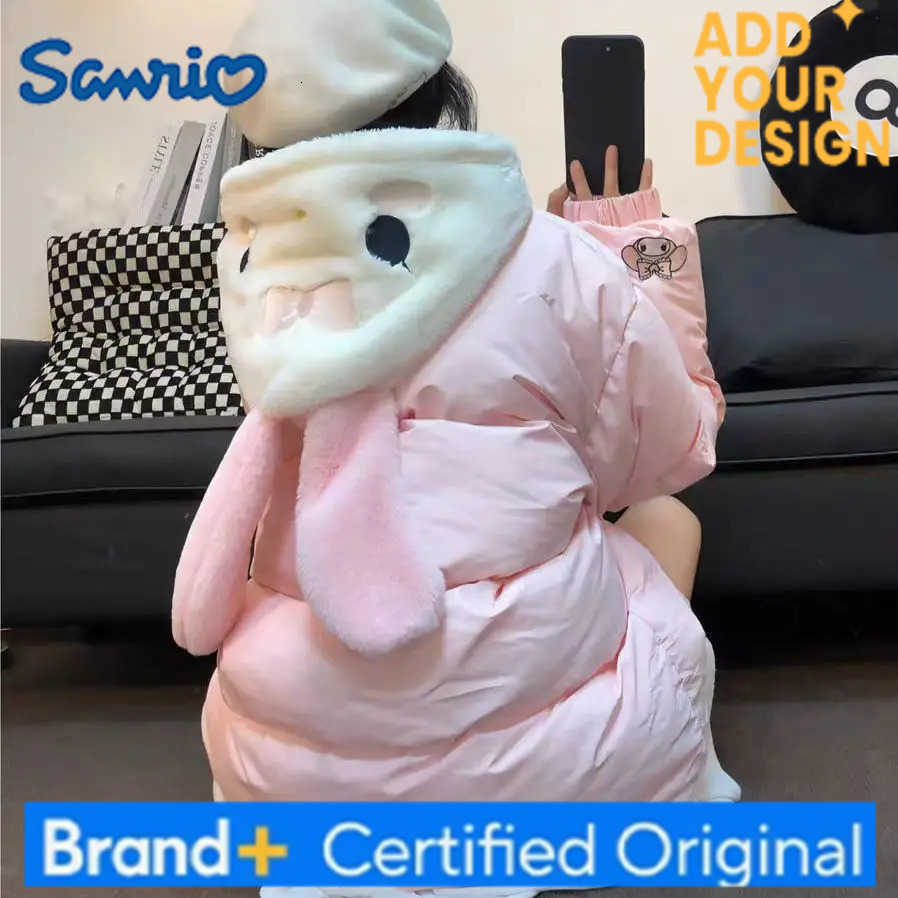 Sanrio Cute My Melody Embroidered Cotton Padded Hooded Jackets for Women Winter Pompom Purins Down Coat Thick Loose Couple Clothes Warm H251223-image-1089509368