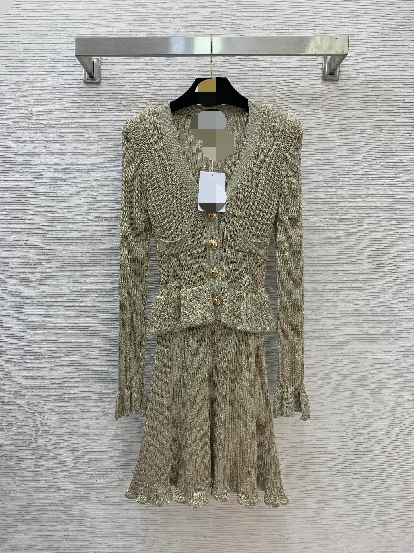 New custom-made metallic silver thread blended lace-edge patchwork two-piece buttoned front V-neck long-sleeved knitted dress D25112245