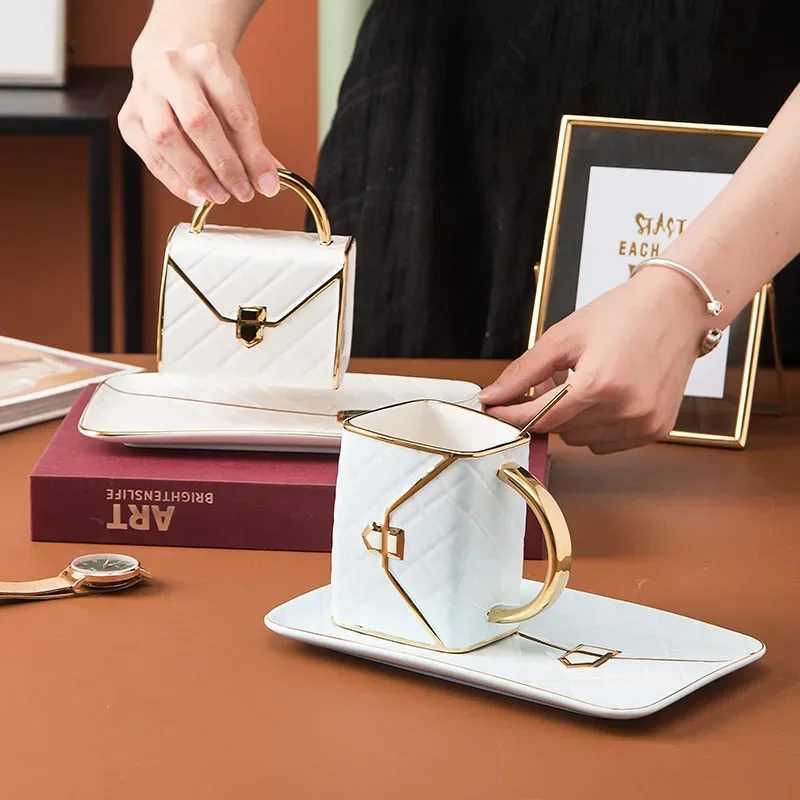 Bag Shaped Coffee Mug Luruxy Aesthetic Cup Ceramic Handbag Shape Tea Mug Saucer Set Dessert Afternoon Water Cup Drinkware Gift C251224-image-1089543453