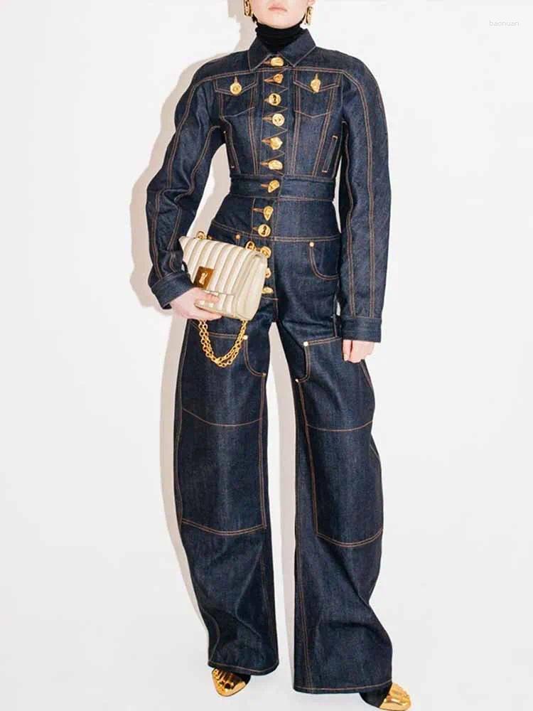 Pantalon de deux pièces pour femmes BKQU Vintage Street Denim Jacket Set Femmes Épissé Bouton En Métal Chic Revers À Manches Longues Manteau Tail