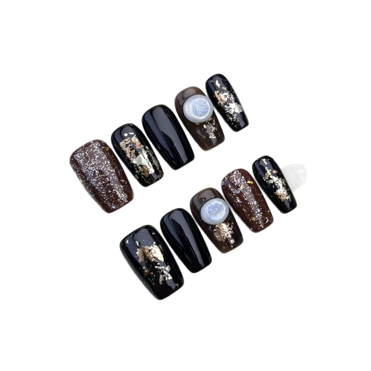 Night Wave Brown Glitter Autumn Winter Fashion Nail Art Kit Detachable Wearable Nails Simple Elegant White Enhancing-image-1089545938