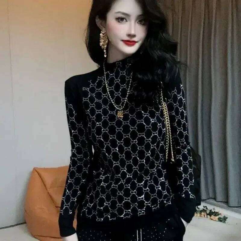 Women's Semi High Neck Autumn Winter Tshirt New Hot Pressed Round Grid Chic Bright Diamond T-Shirt Slimming Base Shirt