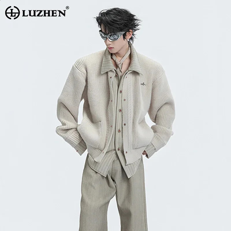 LUZHEN 2025 Winter Original Double Layer Two Piece n Knitted Cardigan Coat Mens Elegant Handsome Sweater JY5448 251211 bb