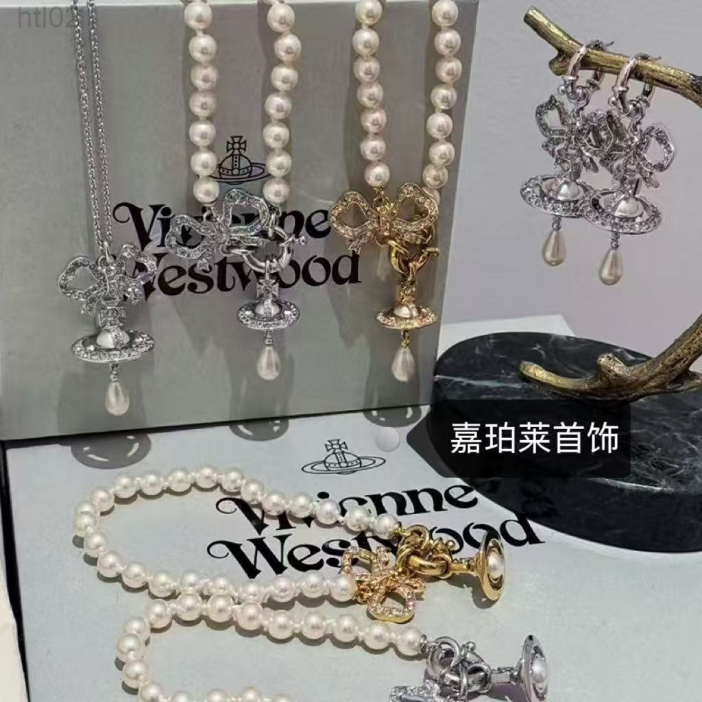 Designer Viviane Jewelry Weswood High-quality Empress Dowager New Bowknot Pearl Water Drop Saturn Necklace 3213