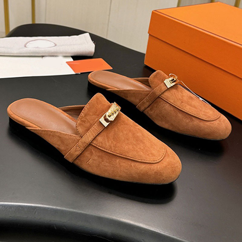 Elegant Womens Designer Oz mules suede goatskin Daily Outfit Flat Heel Mules Classic Baotou Half Drag Outdoor casual sandals Spring Summer leisure S