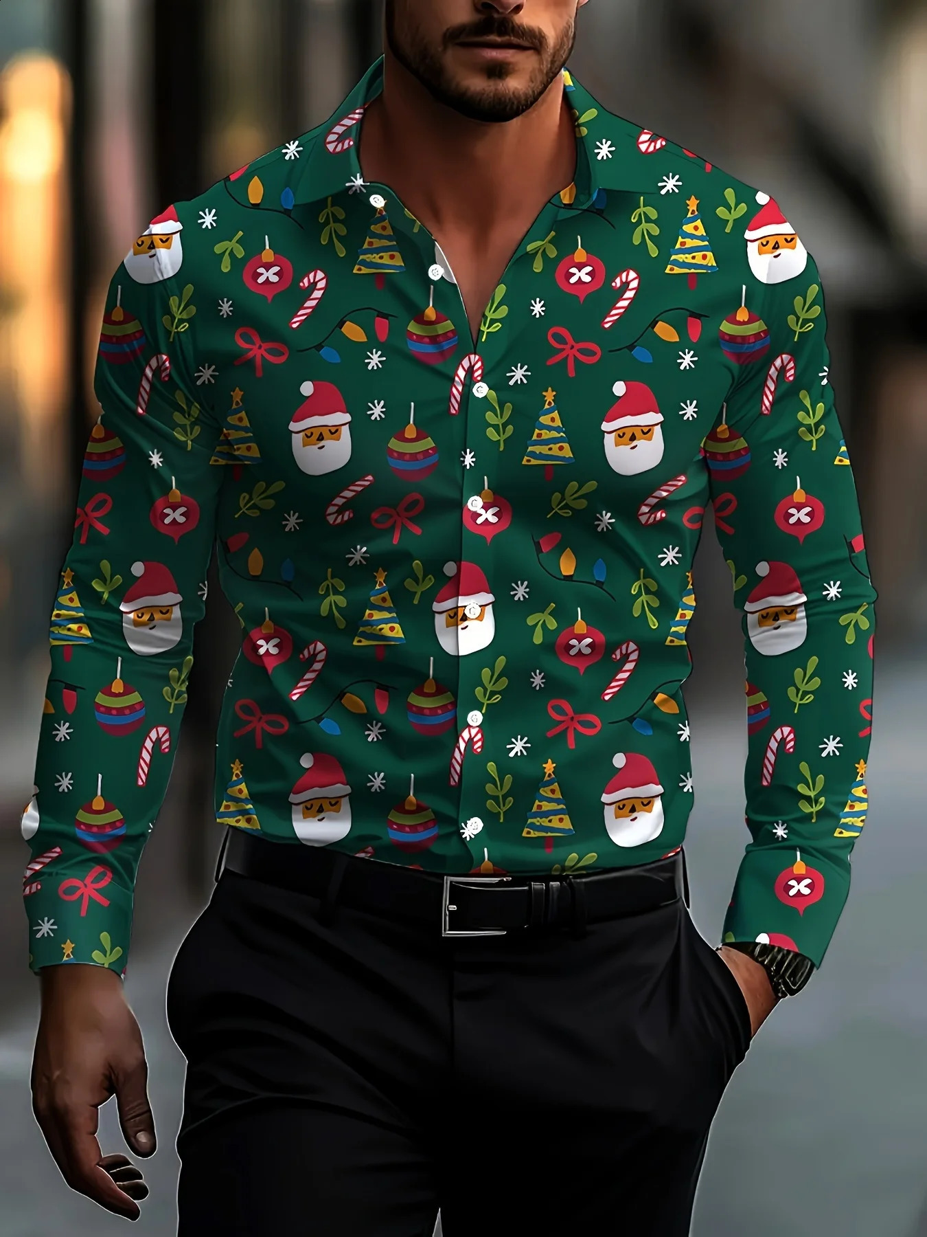 Christmas Festival Theme Mens 3D Printed Formal Shirts Christmas Tree Santa Claus Graphic Long Sleeve Shirt Fashion Mens Shirt 260920