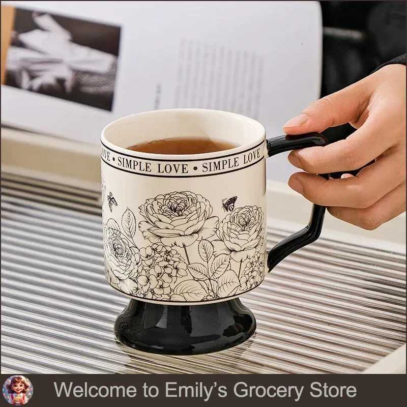 Retro Creative Ceramic Coffee Cup with Handle Heat-resistant Rose Garden High-footed Couple Mug Souvenir Christmas Gift C251224-image-1089542438