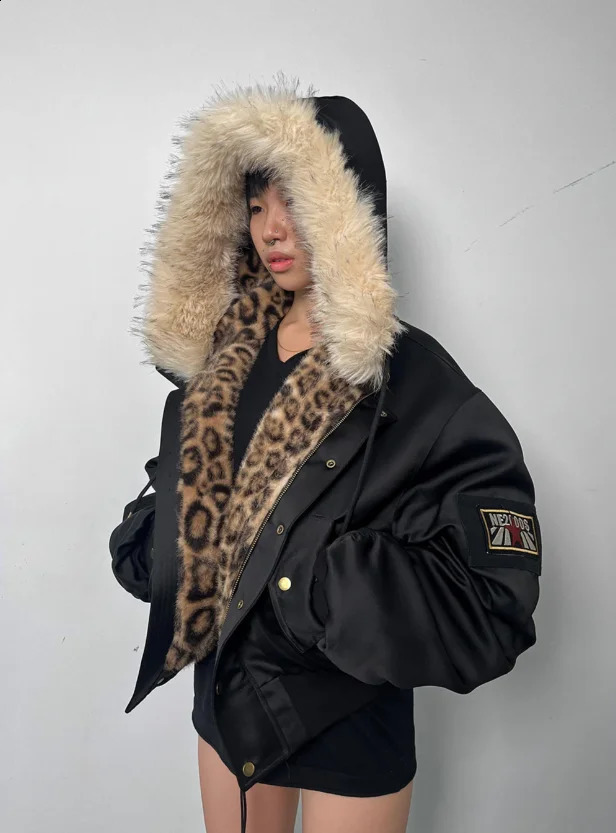 American Retro Streetwear Y2K Fur Collar Jacket Men Women Plush Leopard Print Loose Leather Zipper Casual Punk Hooded Jacket 251222