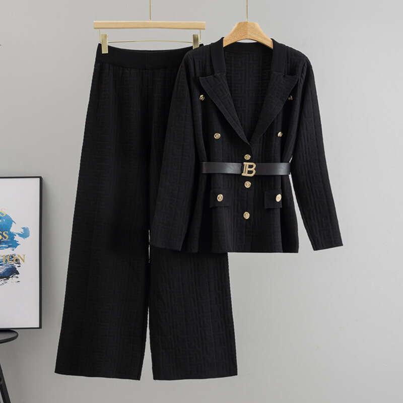 New DesignWomen 's Suit Collar Knitted Jacket For Women Autumn Winter Elegant Fashion Sweater Loose Wide-Leg Pants Two-Piece Set