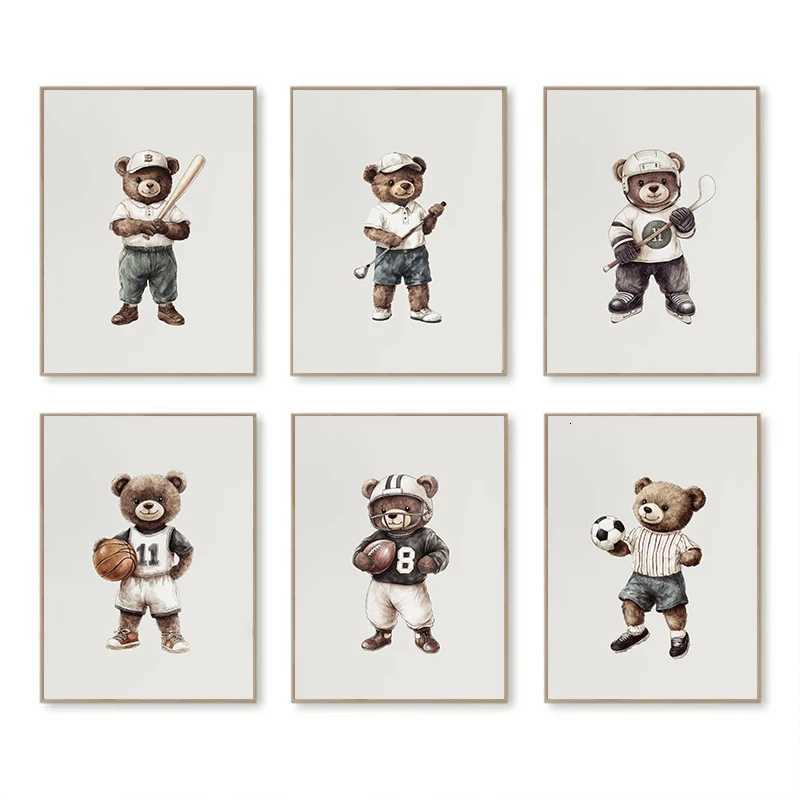 Vintage Teddy Bear Sport Watercolor Posters Basketball Hockey Soccer Canvas Printing Wall Art Picture for Living Room Home Decor Y251224-image-1089558412
