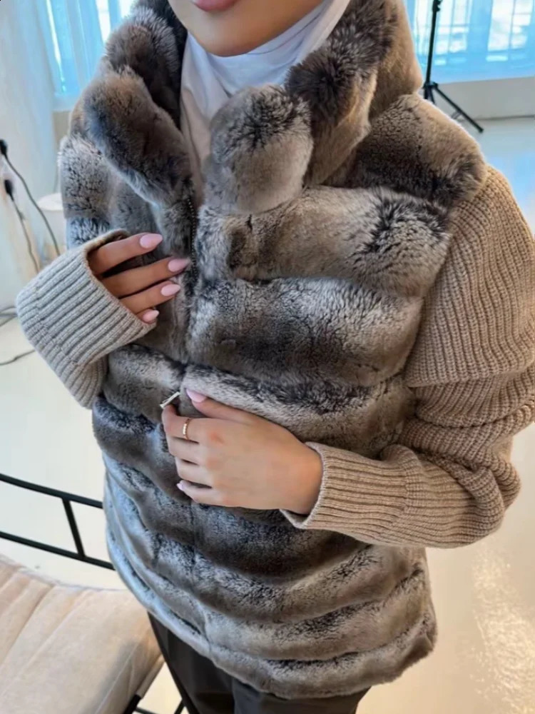 Patchwork Fur Knitted Cardigan Women Stand Collar Zipper Long Sleeve Fluffy Coat High Street Fashion Autumn Winter 2025 Sweater 251213