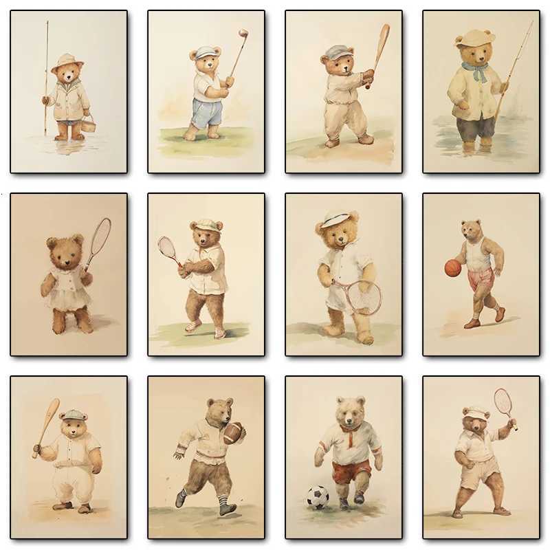 Teddy Bear Playing Hockey Baseball Driving Race Car Sports Posters Prints Canvas Printing Retro Wall Art Picture for Home Dec Y251224-image-1089558012