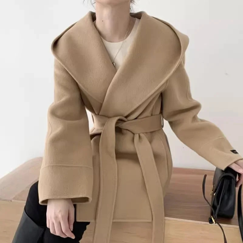 Heavy Shoulder Collar Long Sleeve Double Sided Cashmere Coat with Side Buckle Fashion Womens Winter Wool Coat Autumn S 251224